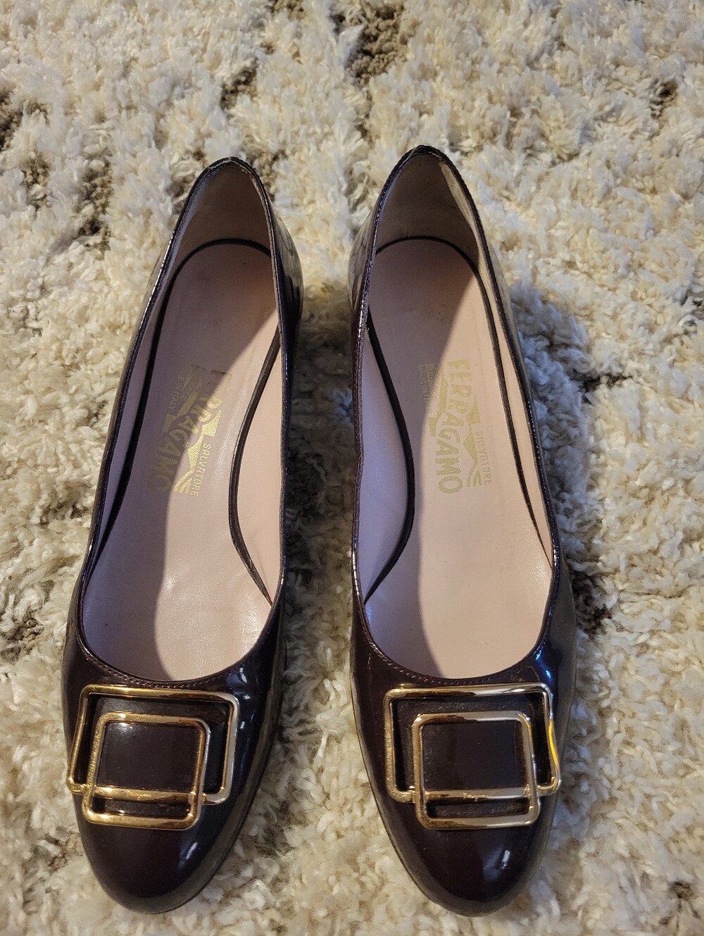 Salvatore Ferragamo Dark Brown Patent Leather Flats with Gold Buckle
